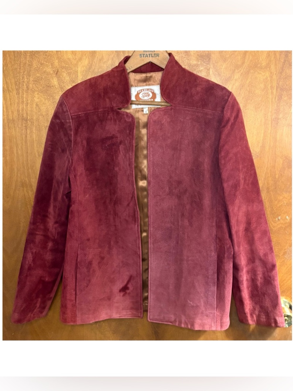 Overland Sheepskin Co Vintage 70s Red Burgundy Leather Suede Open Front Jacket